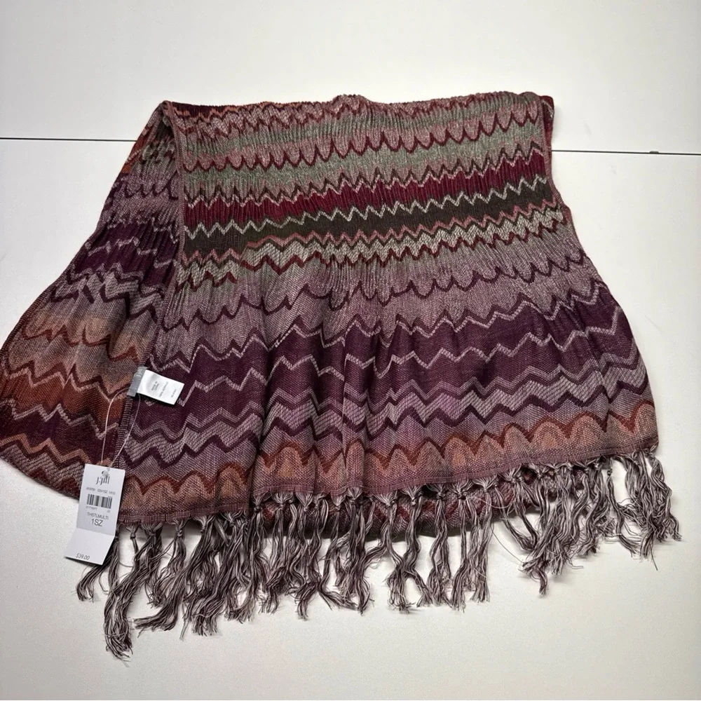 NWT J. Jill Scarf Wrap Shawl Throw Chevron Brown Burgundy Smocked Fringe 15